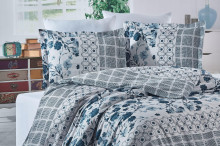 Спално бельо НАНИ EPIX YOSUN от 100% памучен сатен в бяло и синьо с декоративни флорални и геометрични мотиви. Нани