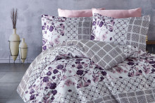 Спално бельо НАНИ EPIX PUDRA от 100% памучен сатен в цвят бяло, пудра и лилаво с декоративни флорални и геометрични мотиви. Нани